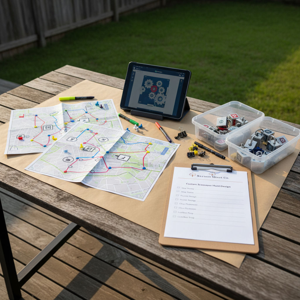 A neatly organized “Backyard Quest Co.” planning table set up outdoors on a wooden patio, covered with a clean craft paper runner. On the table lie printed neighborhood maps of a Houston subdivision, color-coded route markers, a tablet displaying a digital puzzle interface, clear plastic containers of lockboxes and clue tags, and a branded clipboard with a checklist titled “Custom Scavenger Hunt Design.” Late afternoon sunlight from the side casts defined shadows from pens and clips, highlighting textures of paper and wood. Photographic realism with a three-quarter overhead angle keeps the planning materials in crisp focus while the blurred background reveals a green lawn and wooden fence. The mood is creative, organized, and playful, illustrating the behind-the-scenes process of designing personalized at-home geocache adventures.