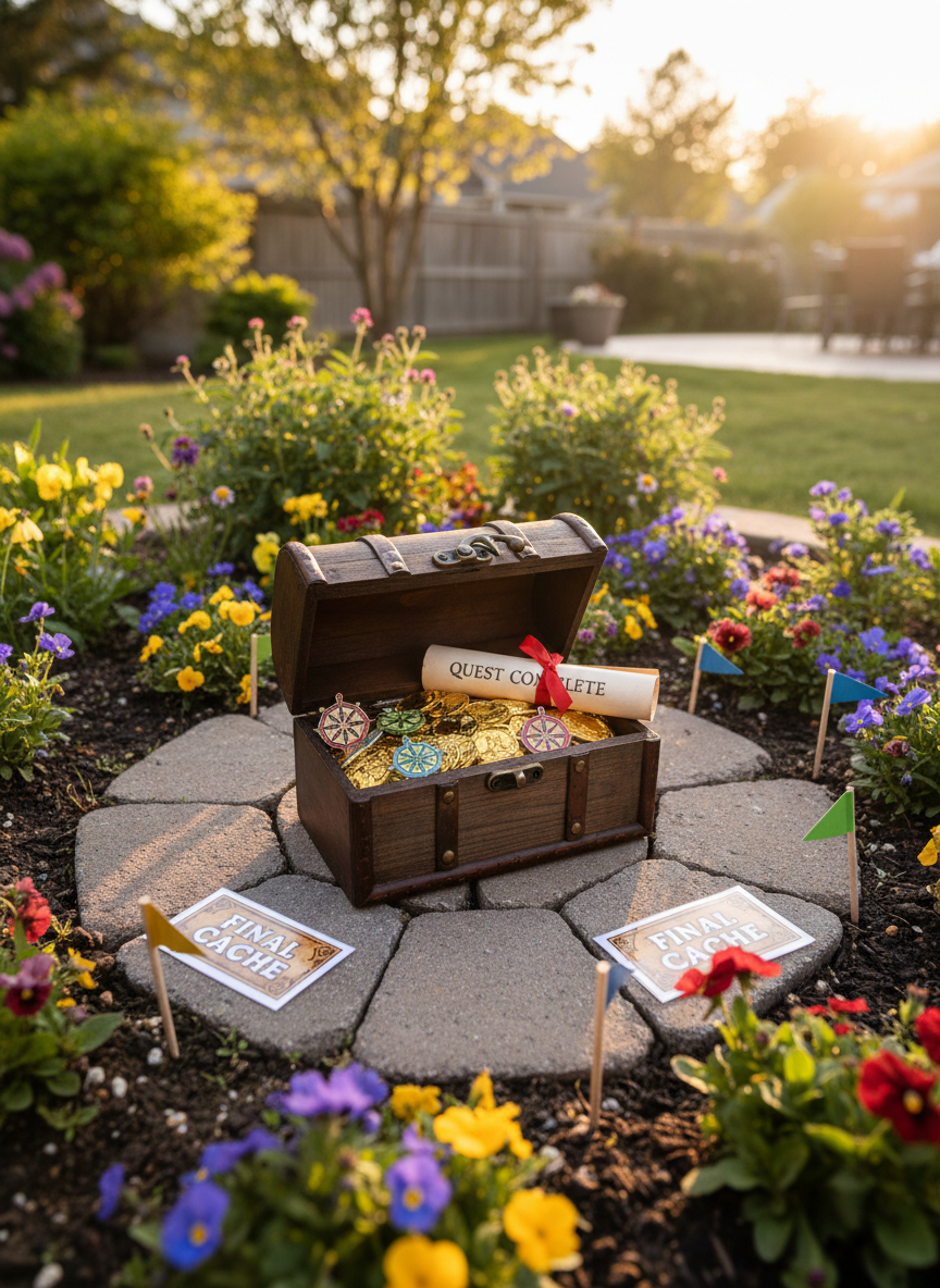 A beautifully staged backyard finale scene featuring a small wooden treasure chest perched on a round stone paver at the center of a flowerbed. The chest is slightly open, revealing shiny gold foil coins, colorful enamel pins shaped like compass roses, and a rolled certificate labeled “Quest Complete.” Around the chest, small flag markers and laminated “Final Cache” signage reinforce the scavenger hunt theme. Soft golden-hour sunlight filters through nearby shrubs, creating dappled patterns on the soil and the chest’s worn brass hardware. Photographic realism, captured at a low, close angle that makes the chest feel grand and important, with the rest of the yard gently blurred. The mood is triumphant and joyful, celebrating the rewarding conclusion of a carefully designed backyard puzzle adventure.