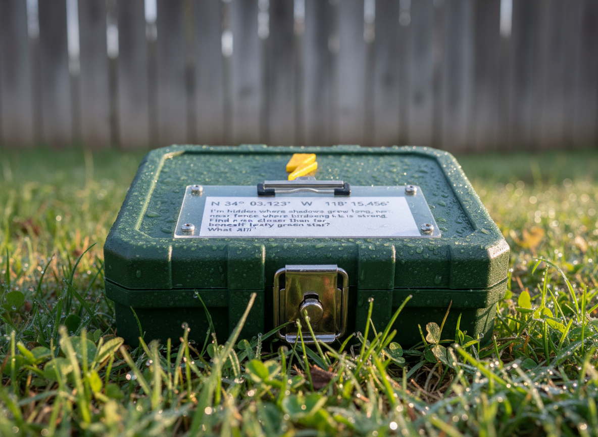 A detailed close-up of a custom geocache puzzle box designed for a backyard quest, crafted from weather-resistant dark green plastic with a textured surface and a secure latch. The lid features a bright yellow lightning bolt logo and a laminated clue card clipped under a clear cover, showing GPS-style coordinates and a whimsical riddle. The box is nestled among dewy grass and small clover leaves near the base of a weathered wooden fence. Early morning natural light creates tiny highlights on the moisture droplets and gentle shadows between blades of grass. Photographic realism with a macro-style shallow depth of field keeps the cache and surrounding grass sharply focused while the fence fades into a soft blur. The mood is mysterious yet playful, highlighting the thrill of discovering hidden treasures right at home.